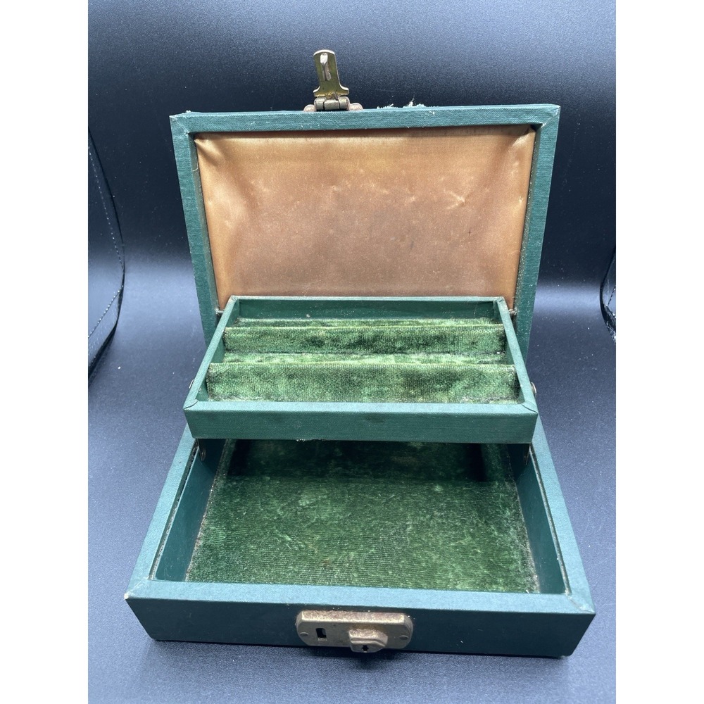 Vintage Green Jewelry Box Velour Lined Trinket Case 8" Wide Lock Not Working
